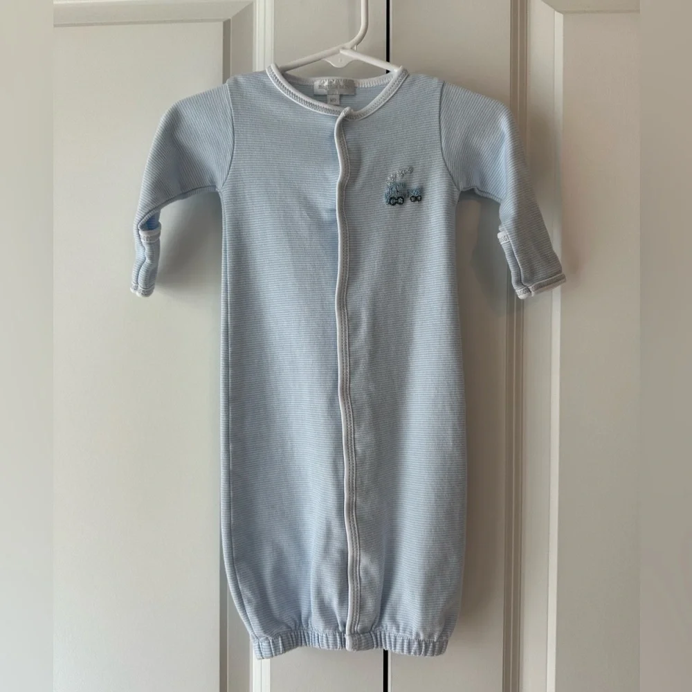 Magnolia Baby Train Embroidered Convertible Gown Blue & White Striped (Sz M/6M)